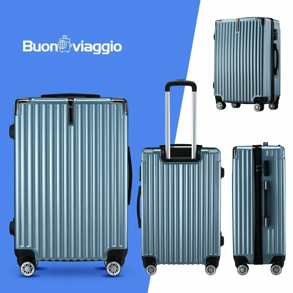 Buon Viaggio Carry On Luggage Traveler Bag Suitcase Hard Shell Case Carryon Travel Lightweight Rolling Checked with Wheels Lock Ice Blue 20 Inch