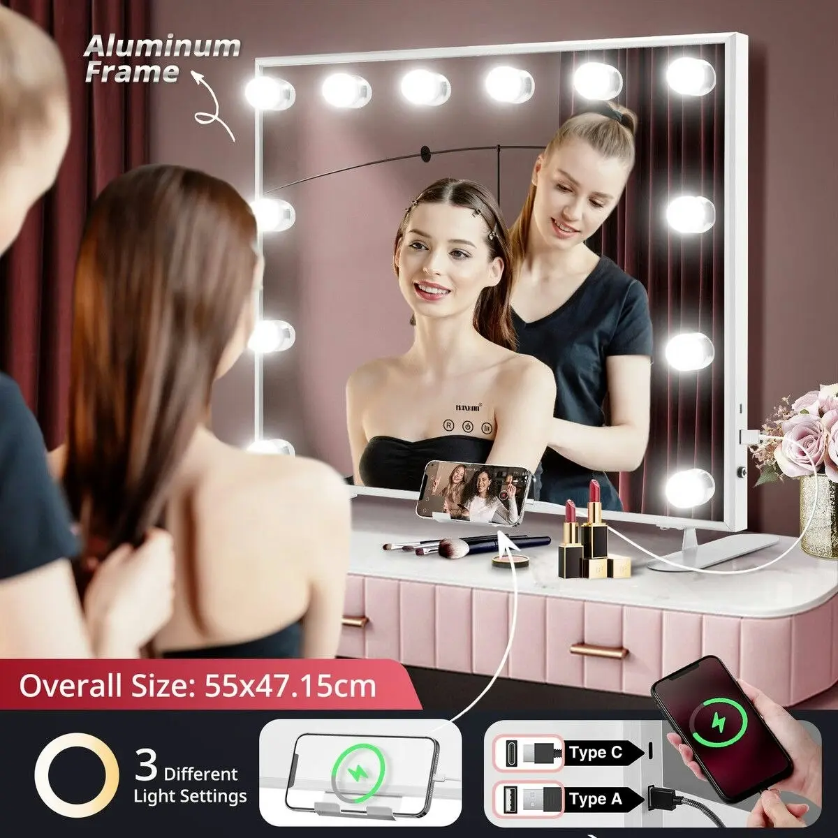 Maxkon  Hollywood Makeup Mirror Vanity 12 LED Lighted Desk Wall Mounted Dimmable Lights Dressing Table Touch USB Phone Holder Aluminium