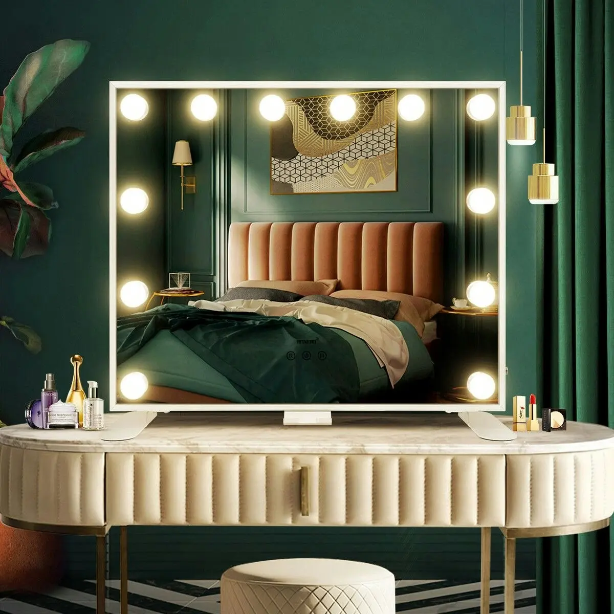 Maxkon  Hollywood Makeup Mirror Vanity 12 LED Lighted Desk Wall Mounted Dimmable Lights Dressing Table Touch USB Phone Holder Aluminium