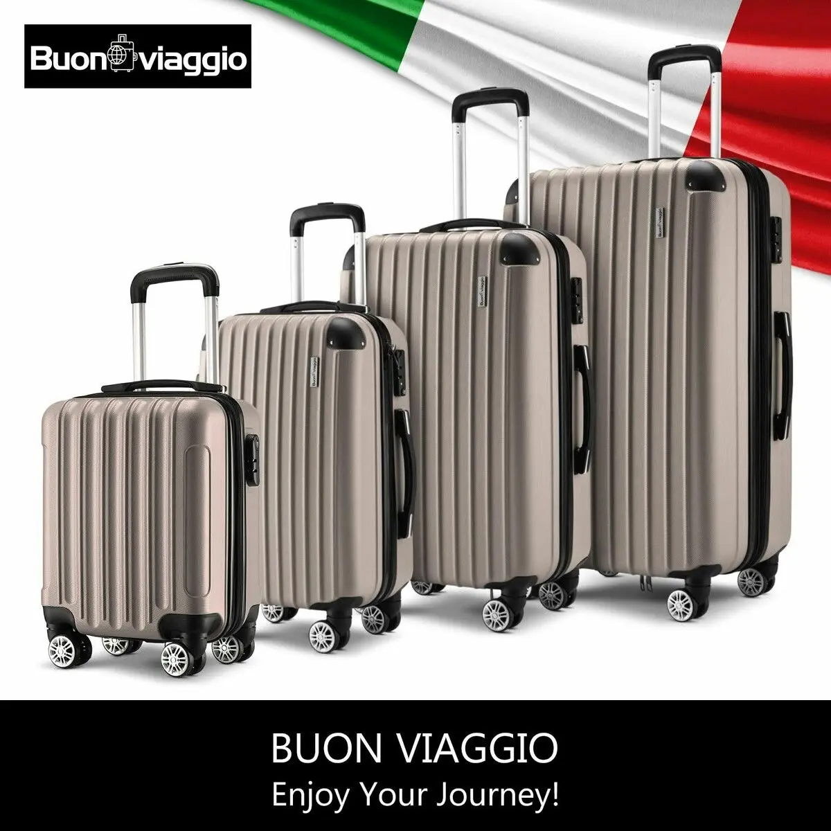 Buon Viaggio 4 Piece Luggage Set Suitcase Carry On Traveller Bags Hard Shell Trolley Checked Bag TSA Lock Lightweight Champagne