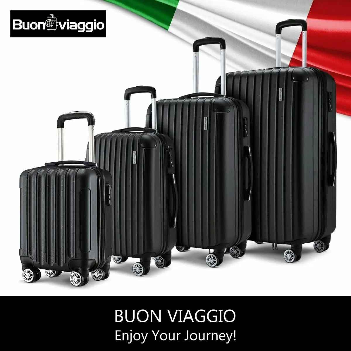 Buon Viaggio 4 Piece Luggage Suitcase Set Carry On Traveller Bag Hard Shell TSA Lock Checked Trolley Rolling Lightweight Black