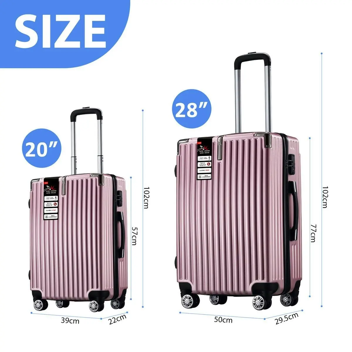 Buon Viaggio 2 Piece Luggage Suitcase Set Carry On Spinner Case Traveller Bag Storage Cabin Lightweight Hard Shell Trolley Wheels TSA Lock Rose Gold