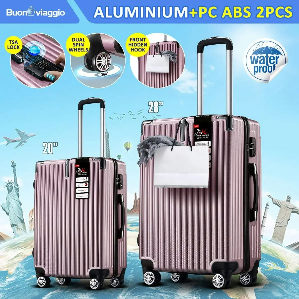 Buon Viaggio 2 Piece Luggage Suitcase Set Carry On Spinner Case Traveller Bag Storage Cabin Lightweight Hard Shell Trolley Wheels TSA Lock Rose Gold