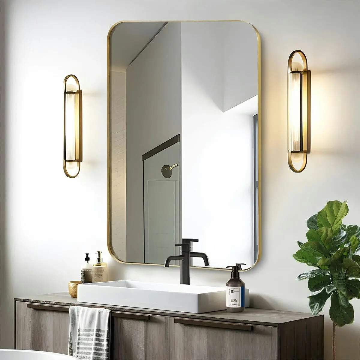 LUXSUITE Wall Bathroom Mirror Rectangle Standing Large Vanity Gold Bedroom Hallway Mount Decorative Makeup Shower Shaving