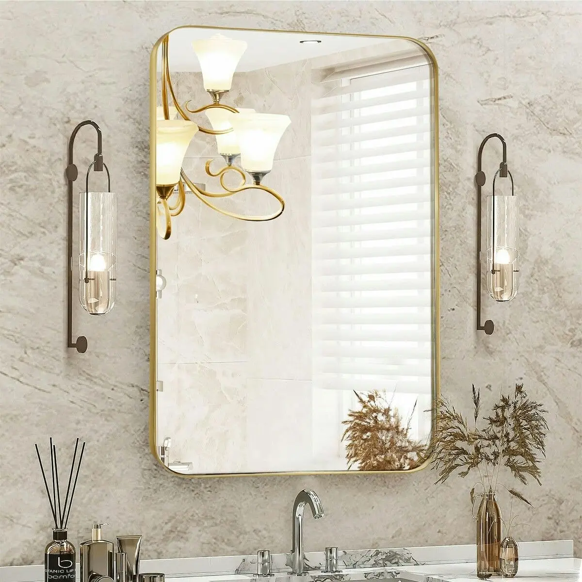 LUXSUITE Wall Bathroom Mirror Rectangle Standing Large Vanity Gold Bedroom Hallway Mount Decorative Makeup Shower Shaving