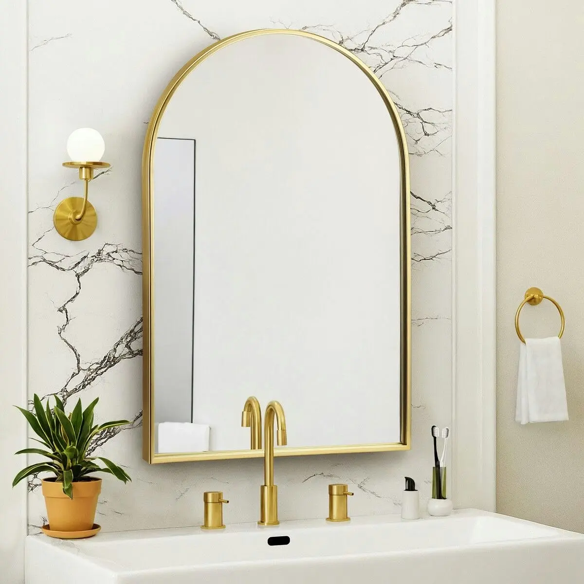 LUXSUITE Arch Wall Vanity Mirror Bathroom Large Gold Standing Hallway Bedroom Decorative Mount Makeup Shower Shaving