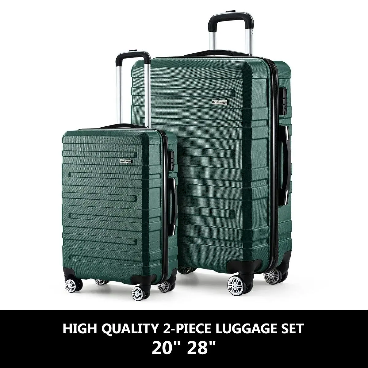 Buon Viaggio 2 Piece Suitcases Luggage Set Carry On Travel Case Cabin Hard Shell Travelling Baggage Expandable Lightweight Rolling TSA Lock Green