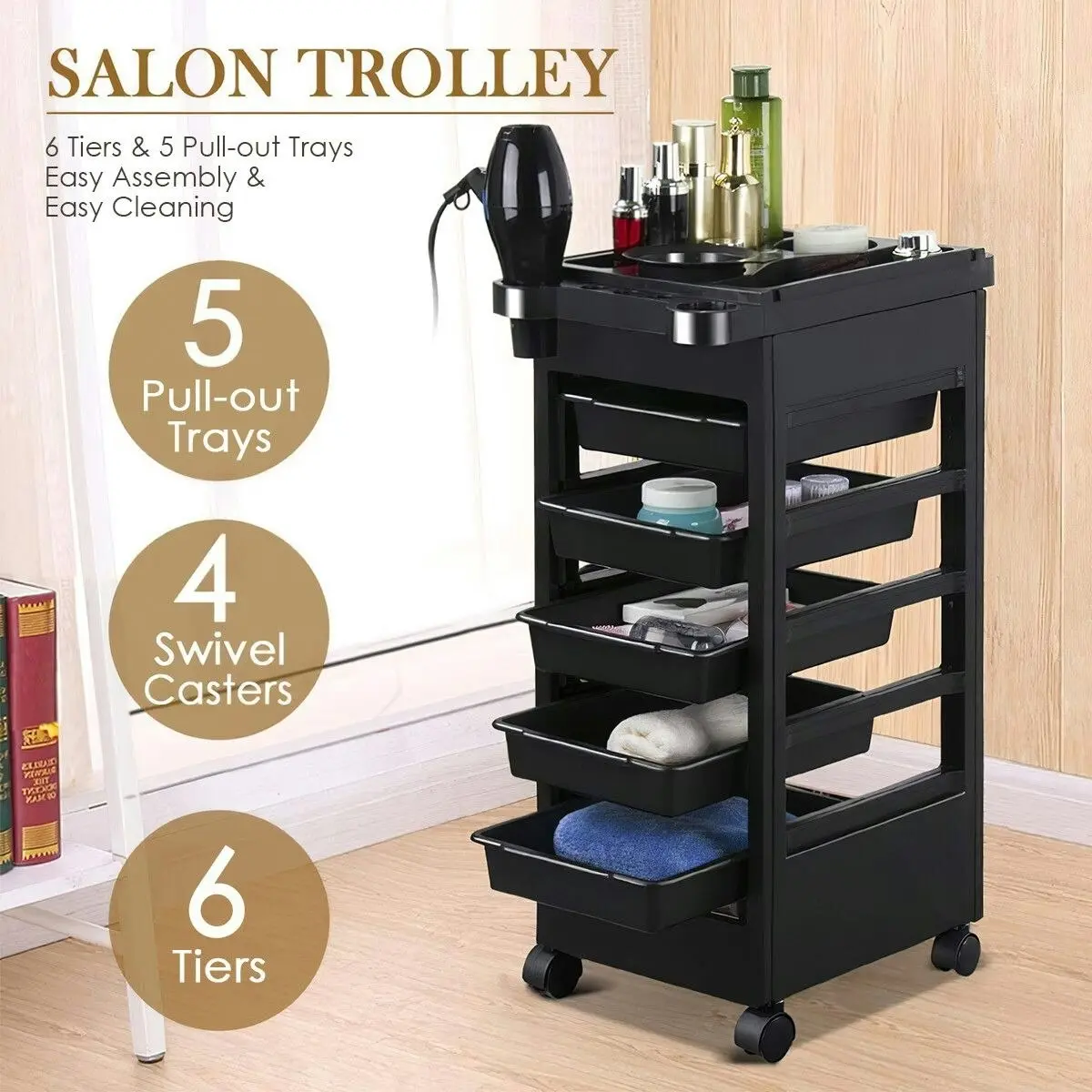 Ausway Hairdressing Trolley Storage Rolling Tool Cart Salon Furniture on Wheels 6 Tiers 5 Tray