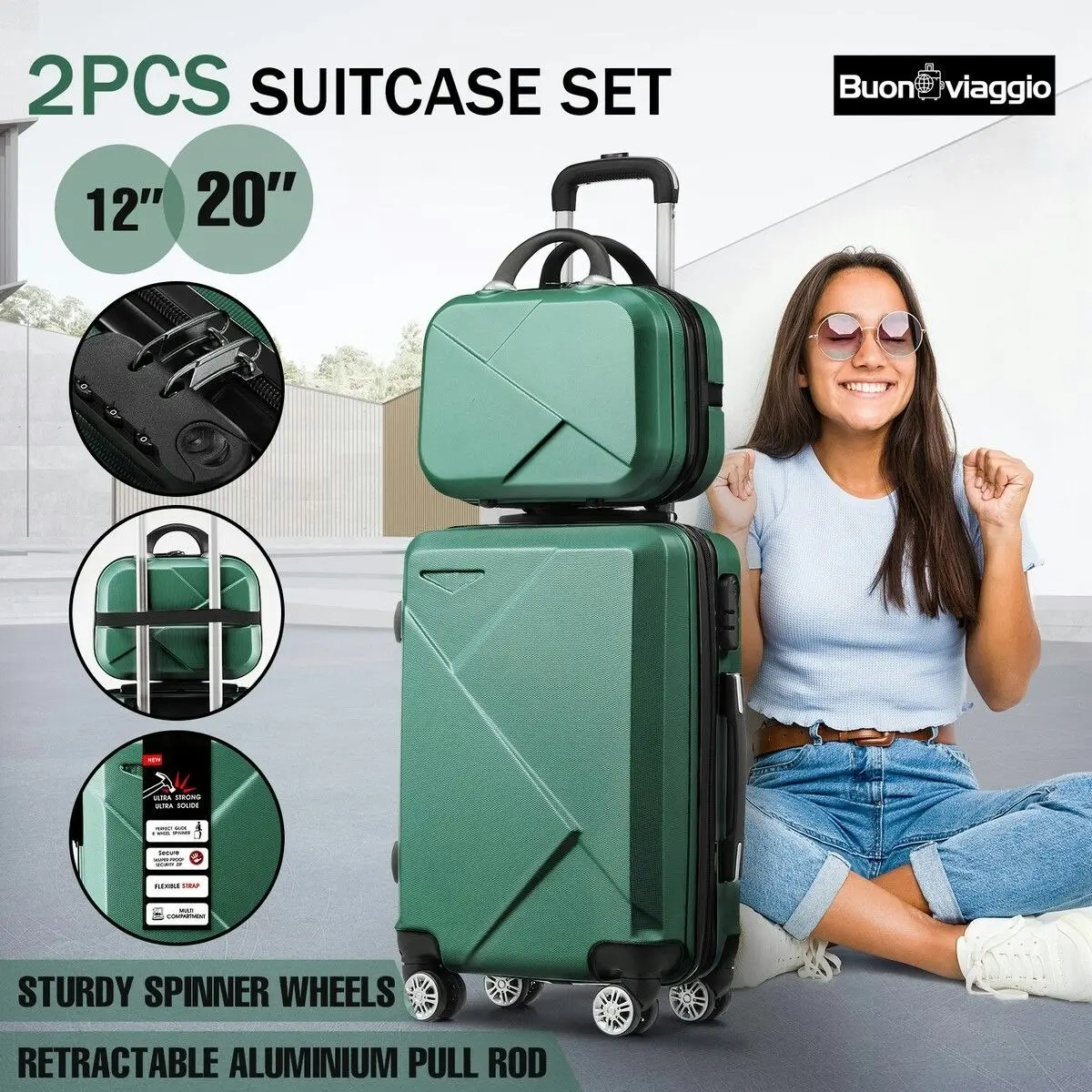 Buon Viaggio 2 Piece Luggage Set Carry On Travel Hard Shell Suitcases Traveller Travelling Rolling Trolley Checked Vanity Bag Lightweight