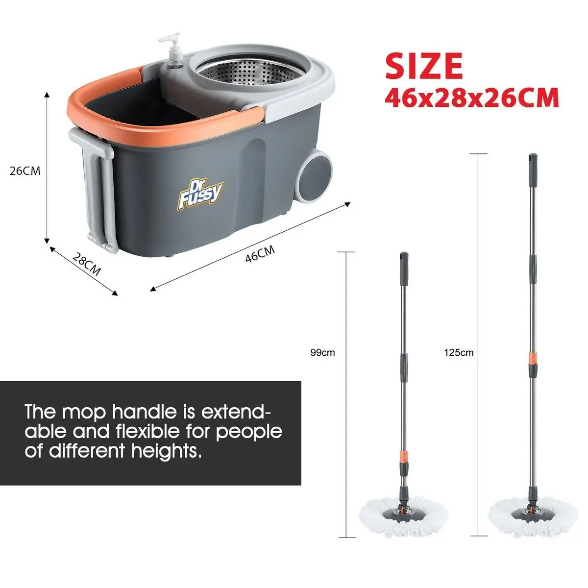 Dr FUSSY Spin Mop and Bucket Kit Wood Tile Floor Cleaner 4 Microfibre Heads Magic Dry Twist Dust Cleaning System