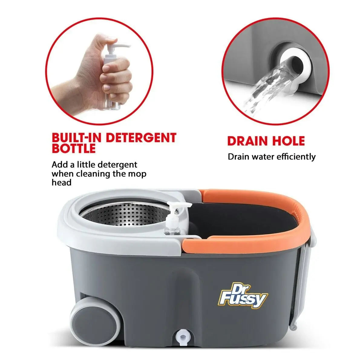 Dr FUSSY Spin Mop and Bucket Kit Wood Tile Floor Cleaner 4 Microfibre Heads Magic Dry Twist Dust Cleaning System