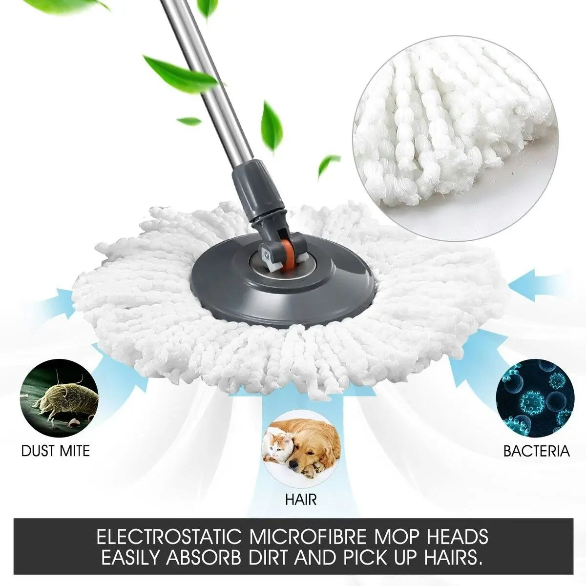 Dr FUSSY Spin Mop and Bucket Kit Wood Tile Floor Cleaner 4 Microfibre Heads Magic Dry Twist Dust Cleaning System