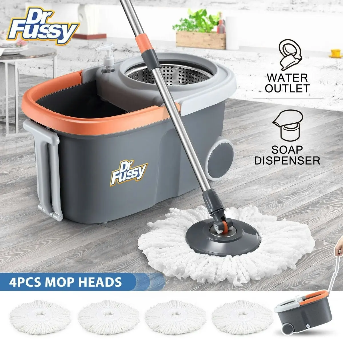 Dr FUSSY Spin Mop and Bucket Kit Wood Tile Floor Cleaner 4 Microfibre Heads Magic Dry Twist Dust Cleaning System