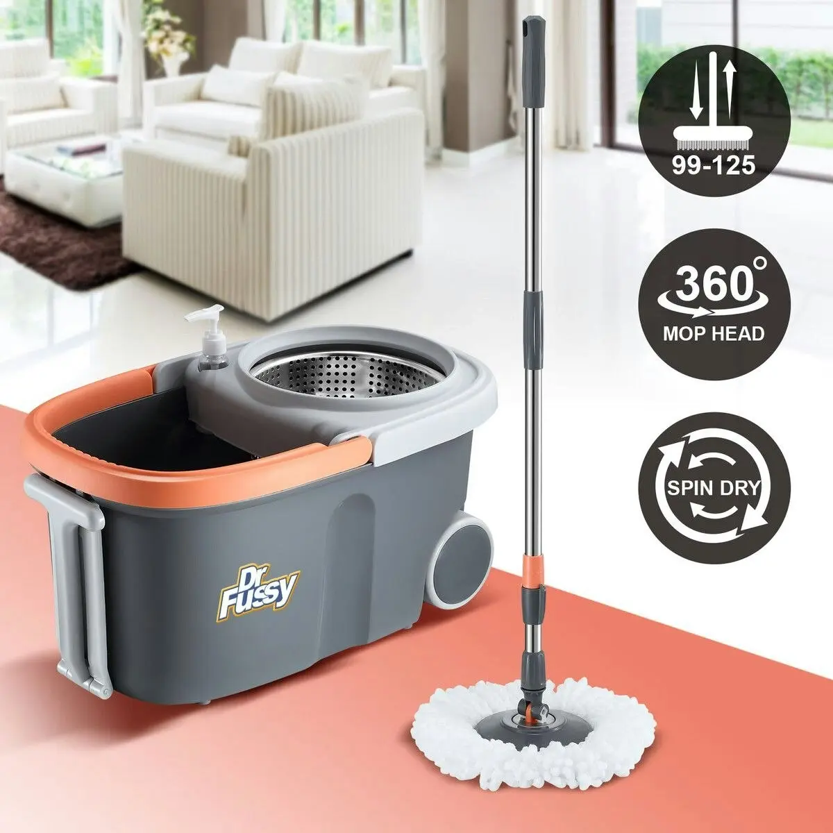 Dr FUSSY Spin Mop and Bucket Kit Wood Tile Floor Cleaner 4 Microfibre Heads Magic Dry Twist Dust Cleaning System