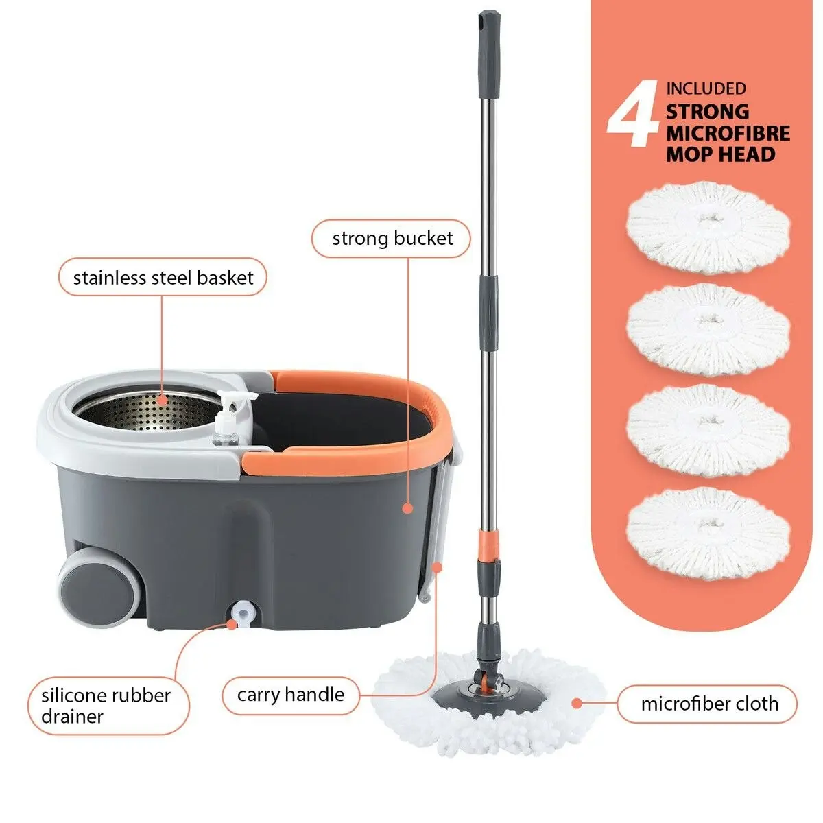 Dr FUSSY Spin Mop and Bucket Kit Wood Tile Floor Cleaner 4 Microfibre Heads Magic Dry Twist Dust Cleaning System