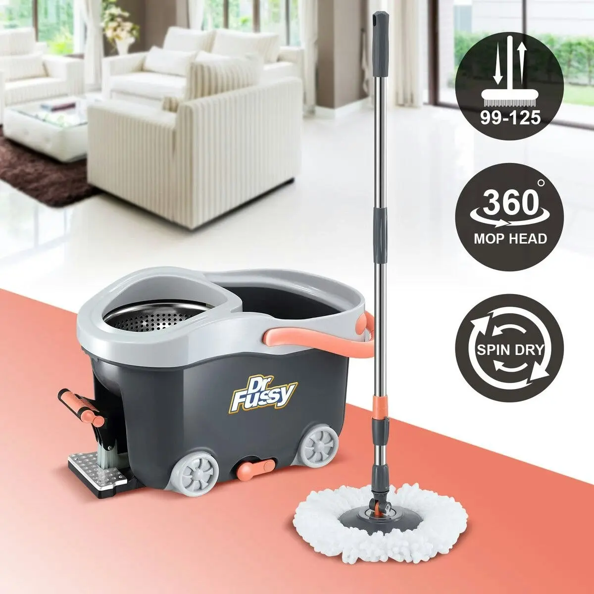 Dr FUSSY Spin Mop and Bucket Set Floor Cleaner Dust Magic Dry Twist Cleaning System 4 Microfibre Heads for Wood Tile Hardwood