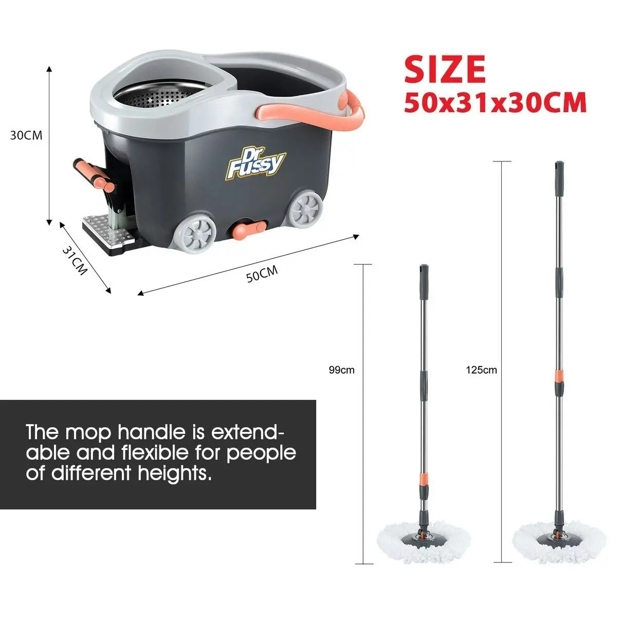 Dr FUSSY Spin Mop and Bucket Set Floor Cleaner Dust Magic Dry Twist Cleaning System 4 Microfibre Heads for Wood Tile Hardwood