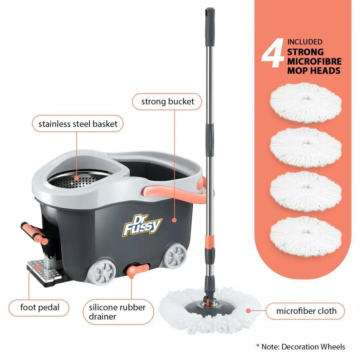 Dr FUSSY Spin Mop and Bucket Set Floor Cleaner Dust Magic Dry Twist Cleaning System 4 Microfibre Heads for Wood Tile Hardwood