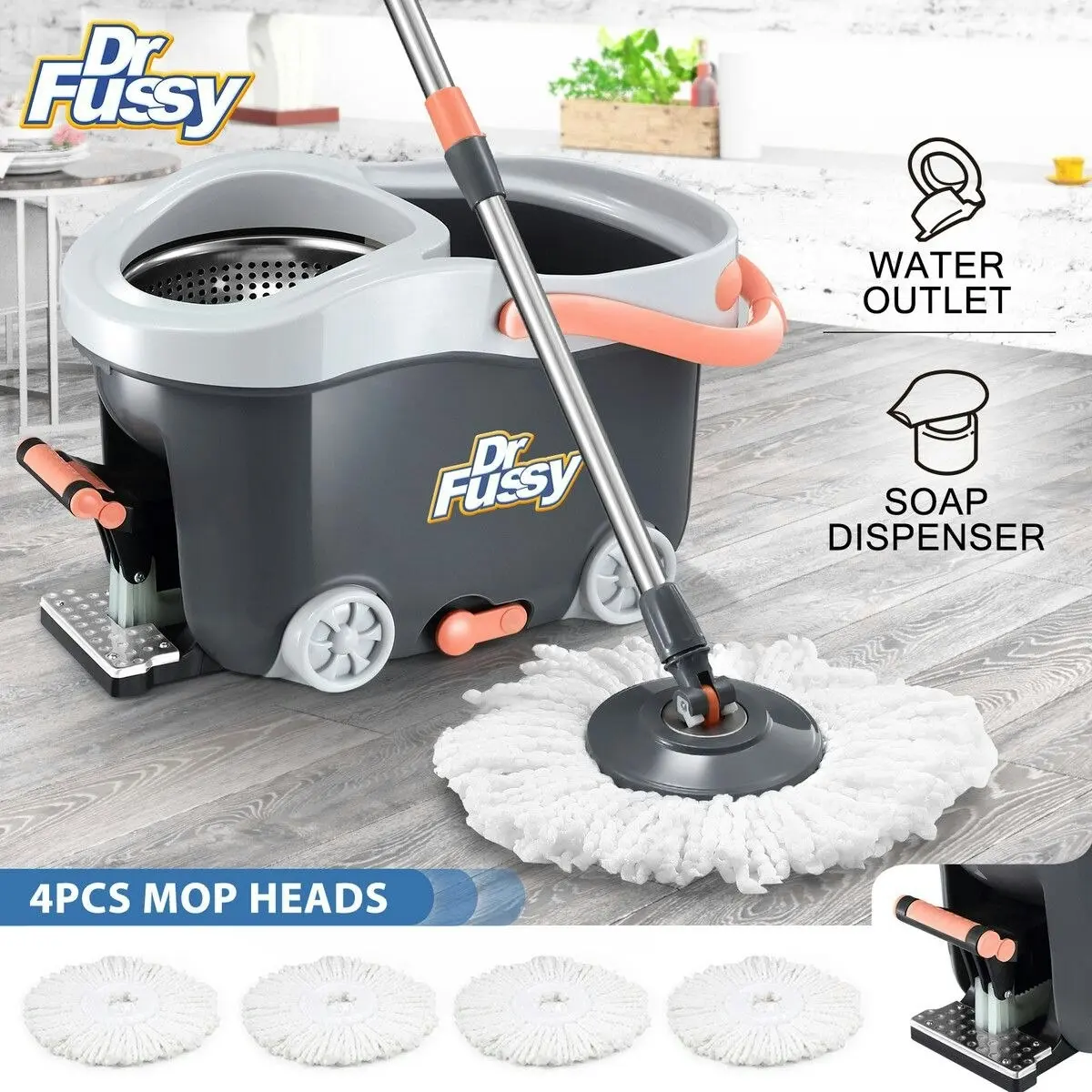 Dr FUSSY Spin Mop and Bucket Set Floor Cleaner Dust Magic Dry Twist Cleaning System 4 Microfibre Heads for Wood Tile Hardwood