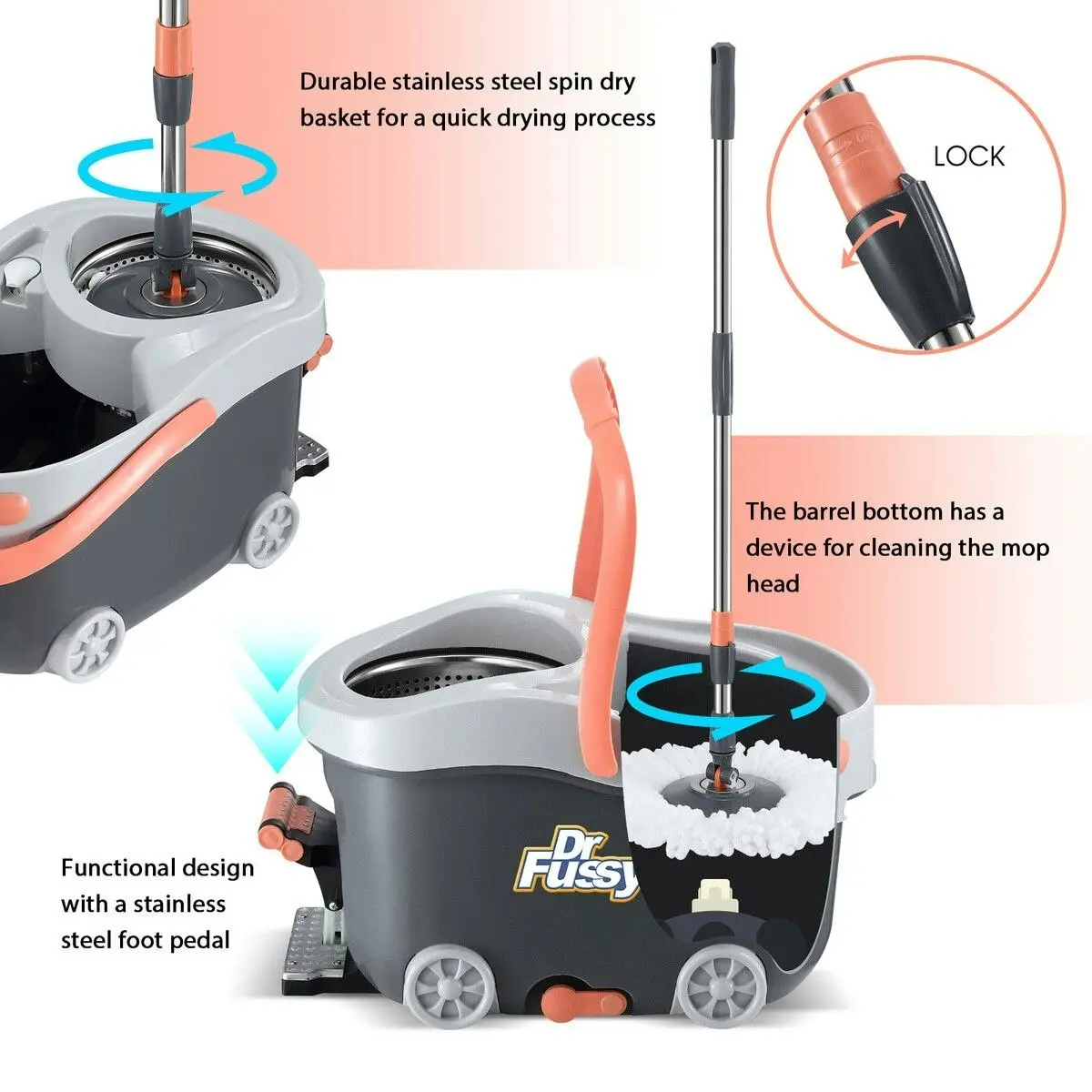 Dr FUSSY Spin Mop and Bucket Set Floor Cleaner Dust Magic Dry Twist Cleaning System 4 Microfibre Heads for Wood Tile Hardwood