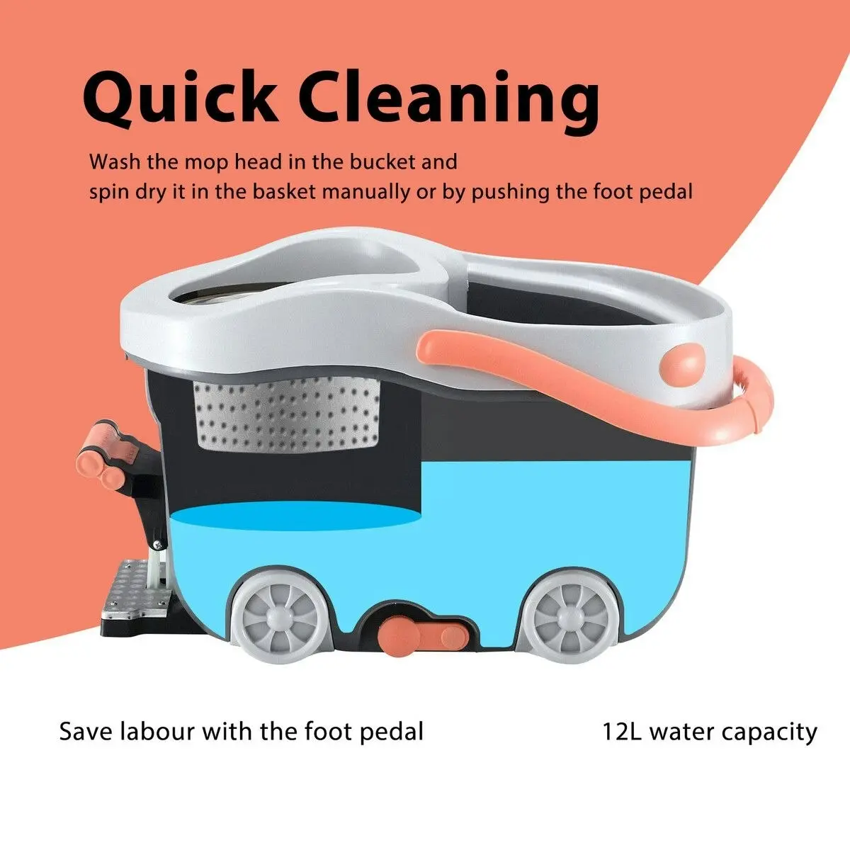 Dr FUSSY Spin Mop and Bucket Set Floor Cleaner Dust Magic Dry Twist Cleaning System 4 Microfibre Heads for Wood Tile Hardwood