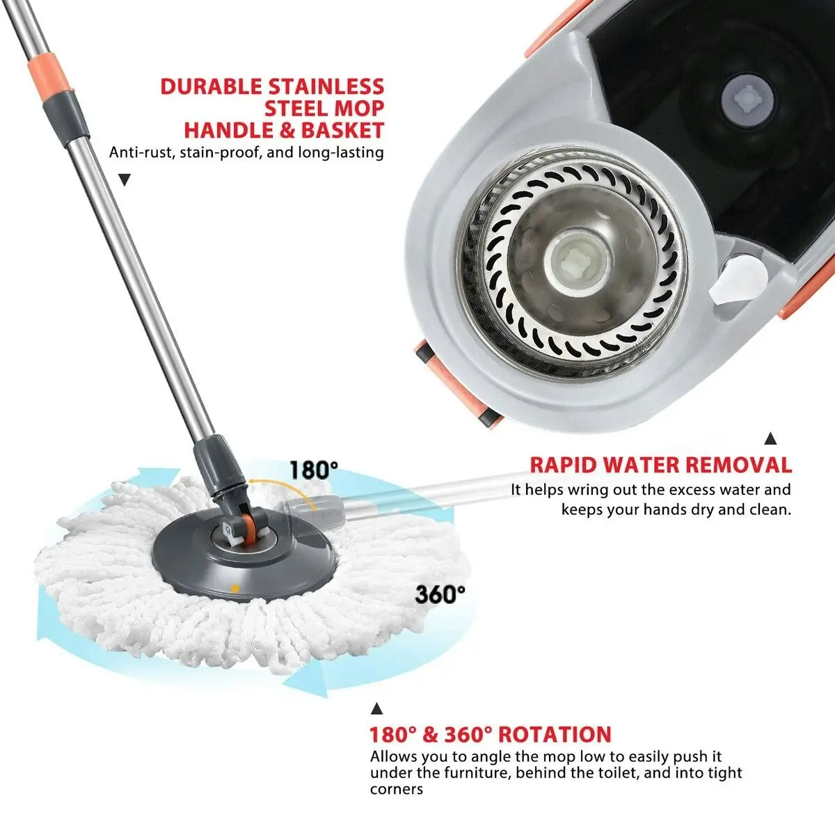 Dr FUSSY Spin Mop and Bucket Set Floor Cleaner Dust Magic Dry Twist Cleaning System 4 Microfibre Heads for Wood Tile Hardwood