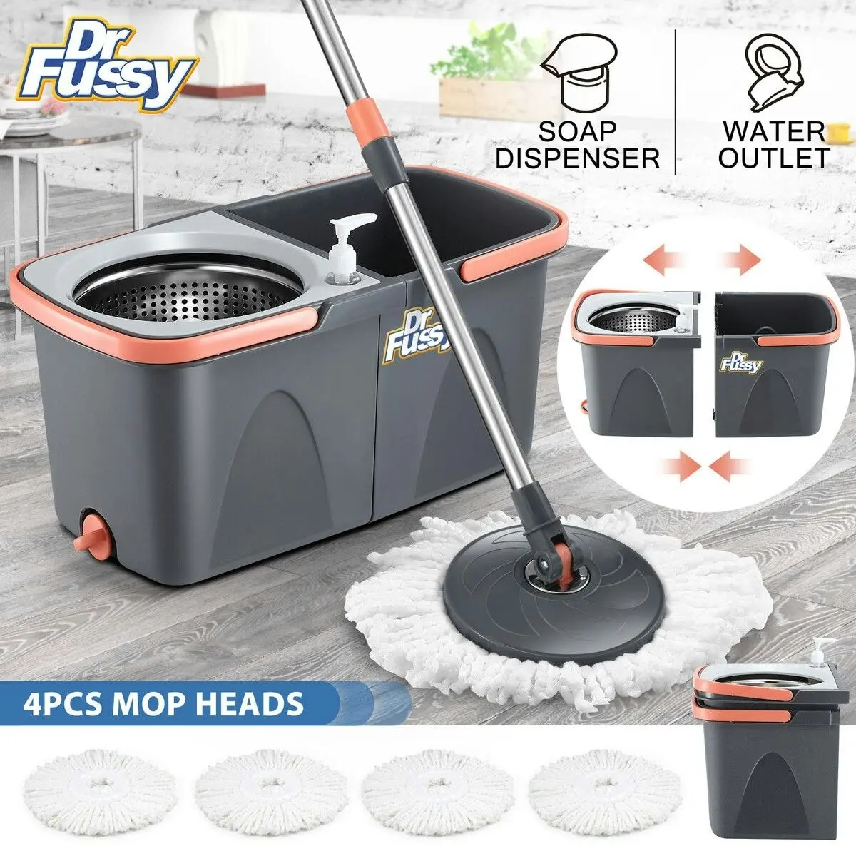 Dr FUSSY Spin Mop and Twin Bucket Set Tile Wood Floor Cleaner 4 Microfibre Heads Magic Dry Twist Separate Stackable Cleaning System