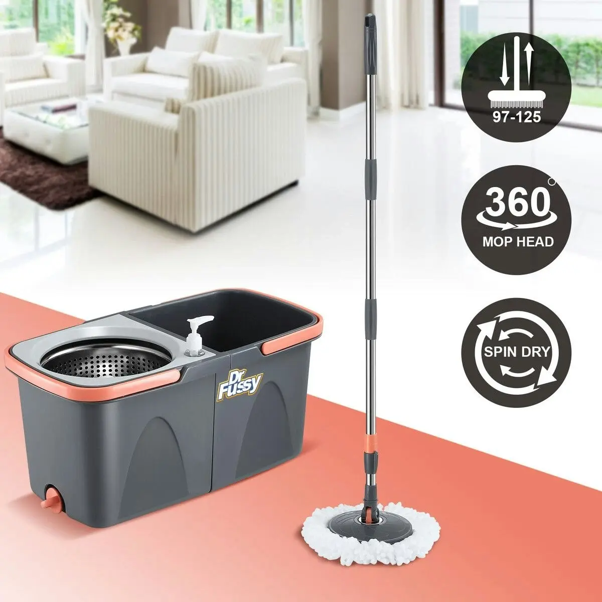 Dr FUSSY Spin Mop and Twin Bucket Set Tile Wood Floor Cleaner 4 Microfibre Heads Magic Dry Twist Separate Stackable Cleaning System