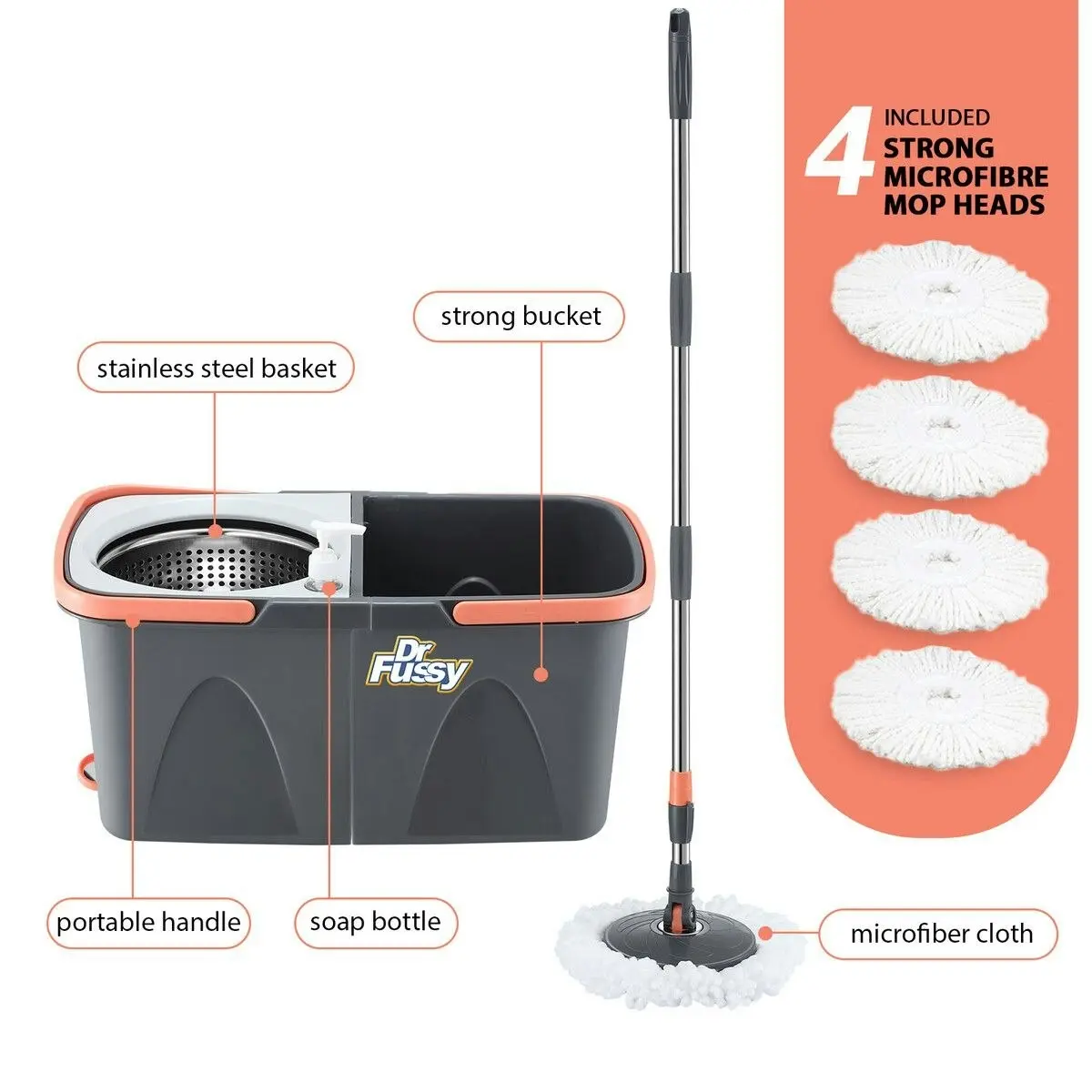 Dr FUSSY Spin Mop and Twin Bucket Set Tile Wood Floor Cleaner 4 Microfibre Heads Magic Dry Twist Separate Stackable Cleaning System