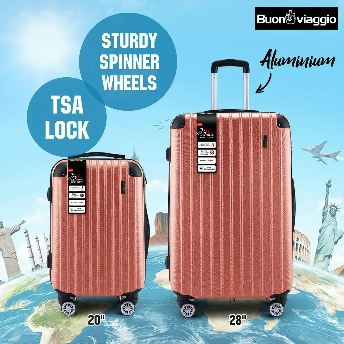 Buon Viaggio 2Pcs Luggage Set Carry On Suitcases Travel Case Cabin Hard Shell Travelling Bags Hand Baggage Lightweight Rose Gold