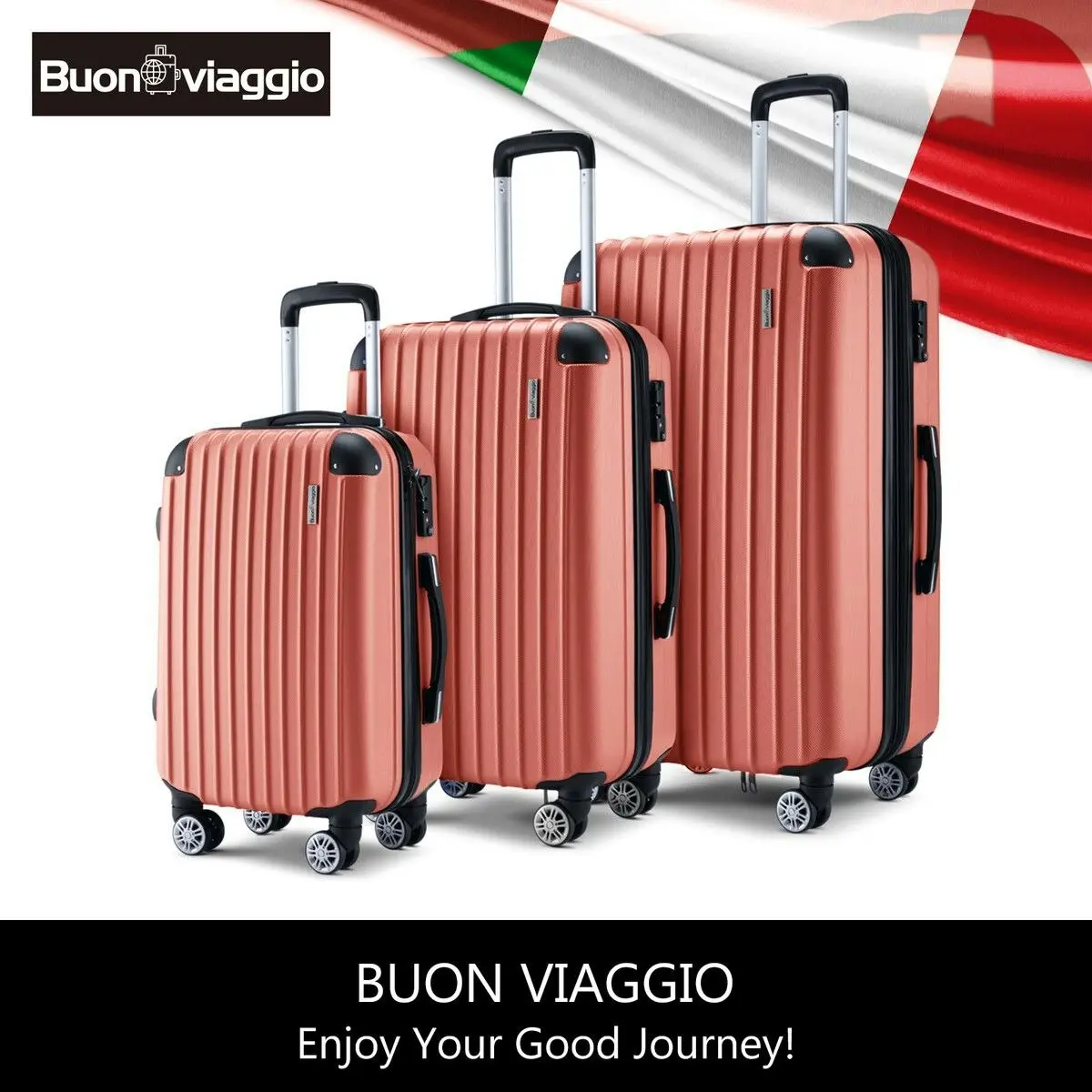 Buon Viaggio 3Pcs Suitcase Luggage Set Expandable Hard Shell Carry On Travel Trolley Lightweight Cabin TSA Lock 2 Covers Rose Gold