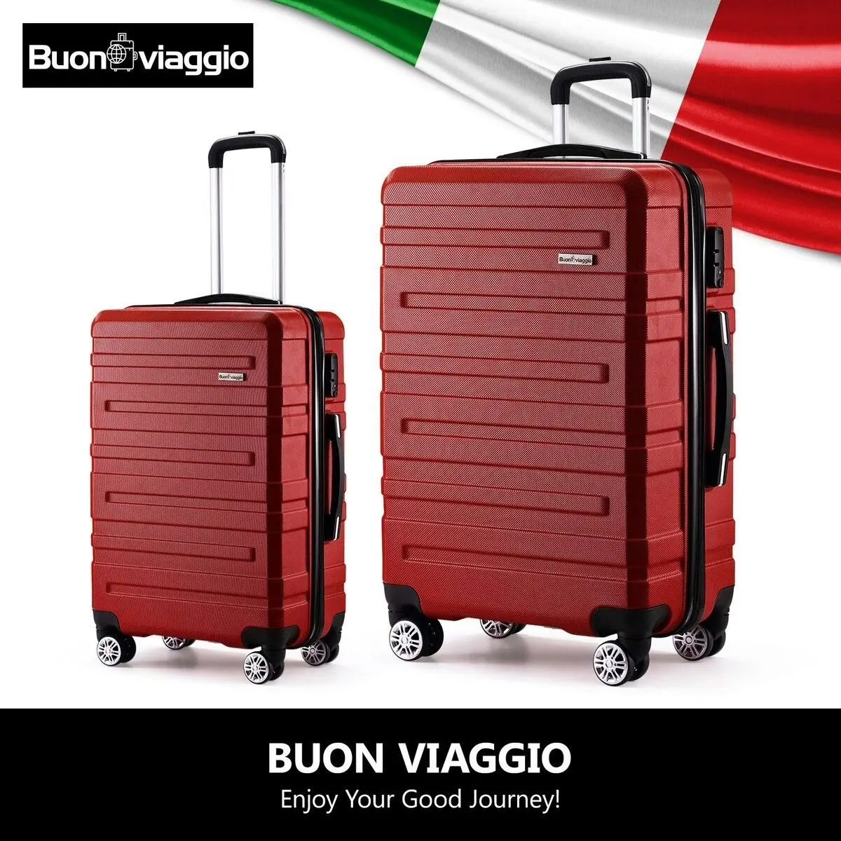 Buon Viaggio 2 Piece Luggage Set Carry On Hard Shell Suitcase Travel Trolley Expendable Lightweight Case Cabin TSA Lock Red