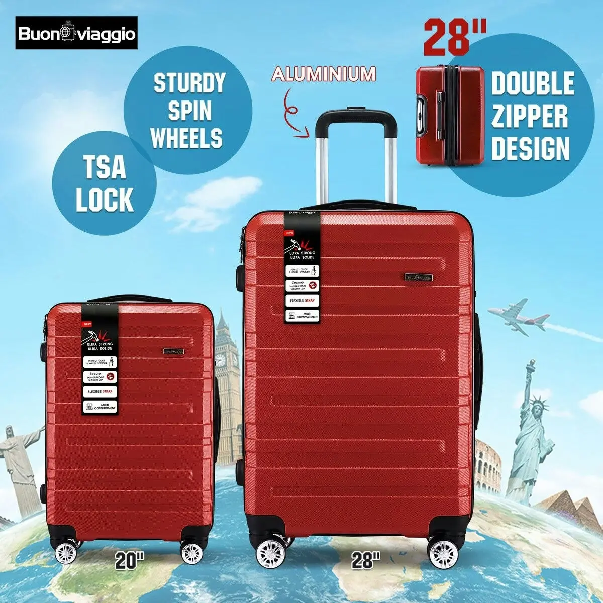 Buon Viaggio 2 Piece Luggage Set Carry On Hard Shell Suitcase Travel Trolley Expendable Lightweight Case Cabin TSA Lock Red