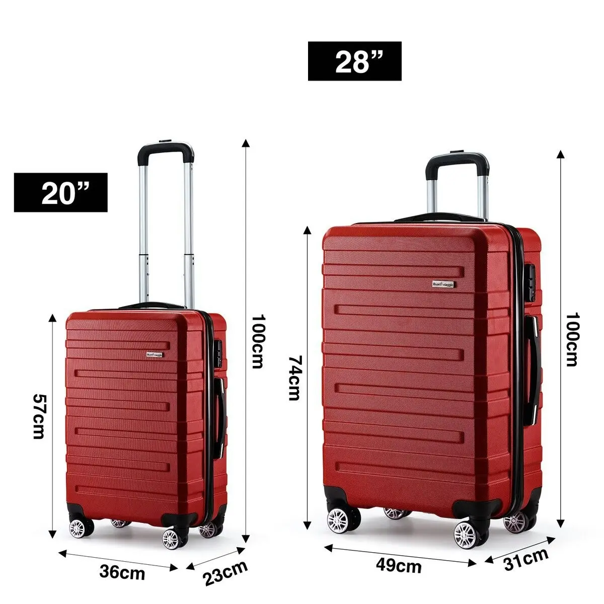 Buon Viaggio 2 Piece Luggage Set Carry On Hard Shell Suitcase Travel Trolley Expendable Lightweight Case Cabin TSA Lock Red