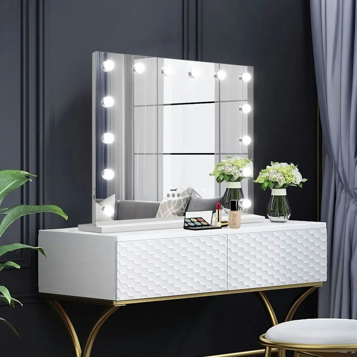 Maxkon Makeup Mirror with Lights 14 LED Hollywood Style Vanity Lighted Desk Dressing Table Beauty Touch Adjustable Brightness USB