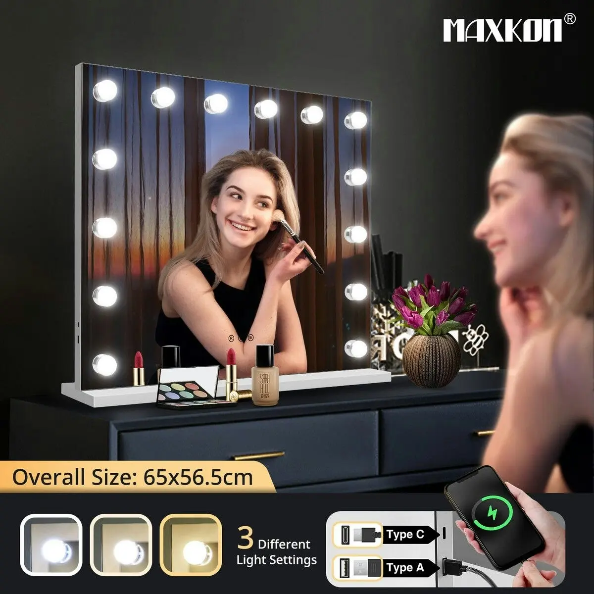 Maxkon Makeup Mirror with Lights 14 LED Hollywood Style Vanity Lighted Desk Dressing Table Beauty Touch Adjustable Brightness USB