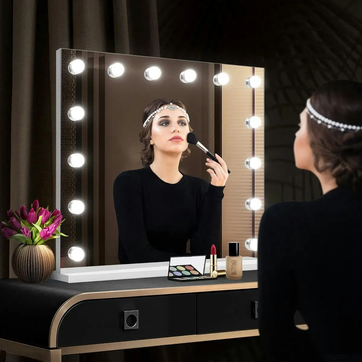 Maxkon Makeup Mirror with Lights 14 LED Hollywood Style Vanity Lighted Desk Dressing Table Beauty Touch Adjustable Brightness USB