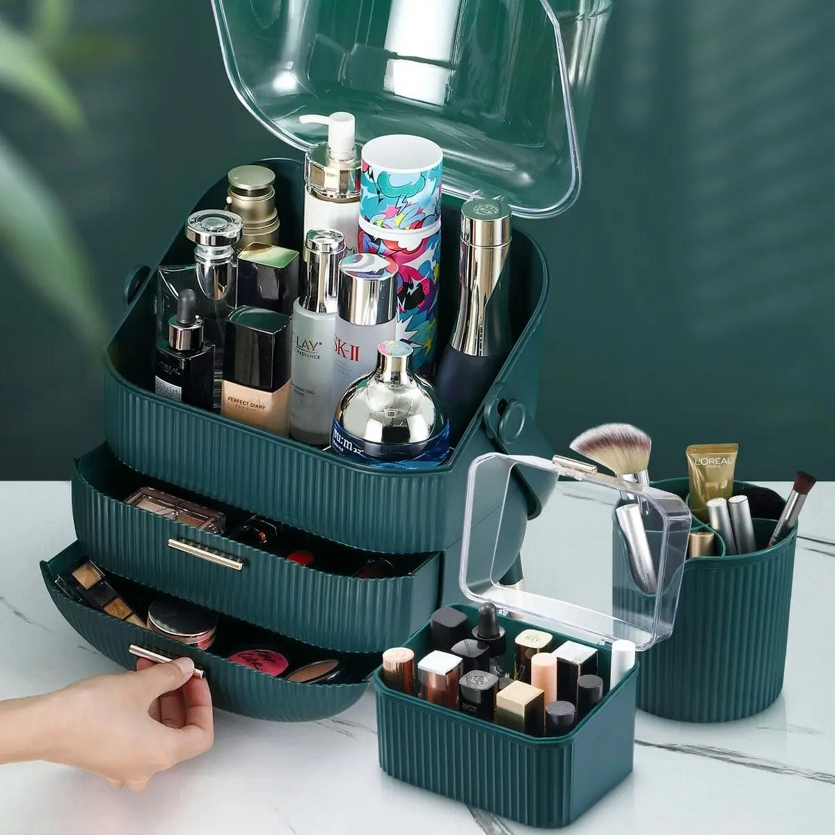 Ausway Makeup Jewellery Box Drawers Storage Case Cosmetic Organiser Brush Holder Travel Organizer Vanity Stand Jewelry Skincare Display Tray Portable