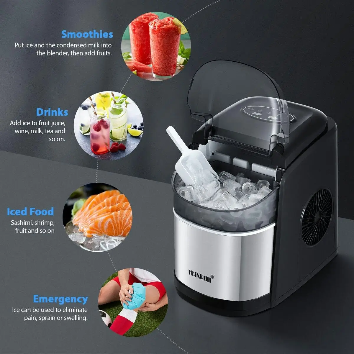 Maxkon 12KG Ice Maker Bullet Shaped Cube Making Machine Countertop Home Commercial Automatic Quiet