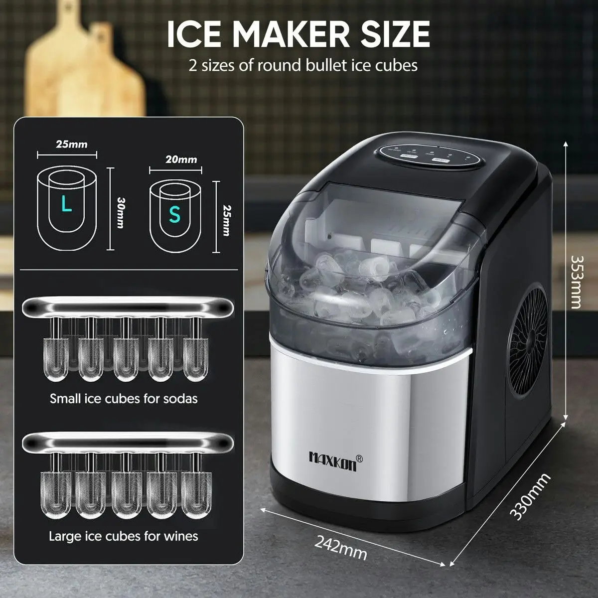 Maxkon 12KG Ice Maker Bullet Shaped Cube Making Machine Countertop Home Commercial Automatic Quiet