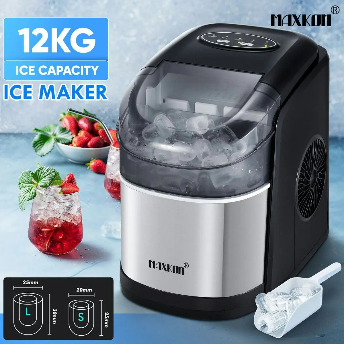 Maxkon 12KG Ice Maker Bullet Shaped Cube Making Machine Countertop Home Commercial Automatic Quiet