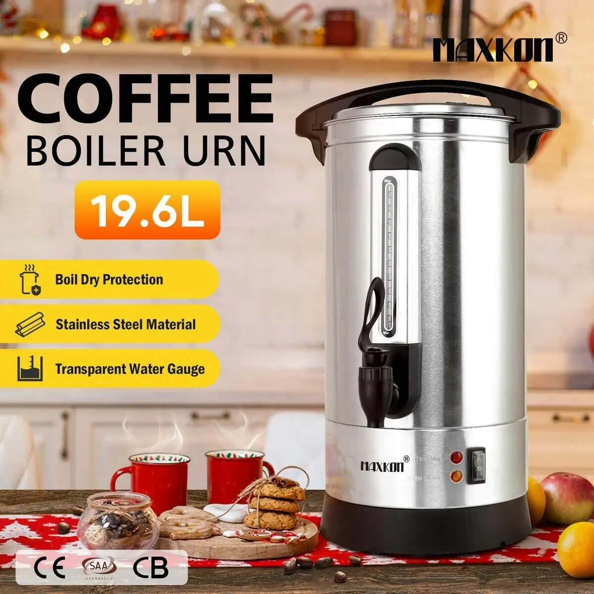 Maxkon  Coffee Urn Maker Machine Instant Hot Cold Water Dispenser Kettle Tea Home Commercial Camping Boiler Stainless Steel with Tap 19.6L