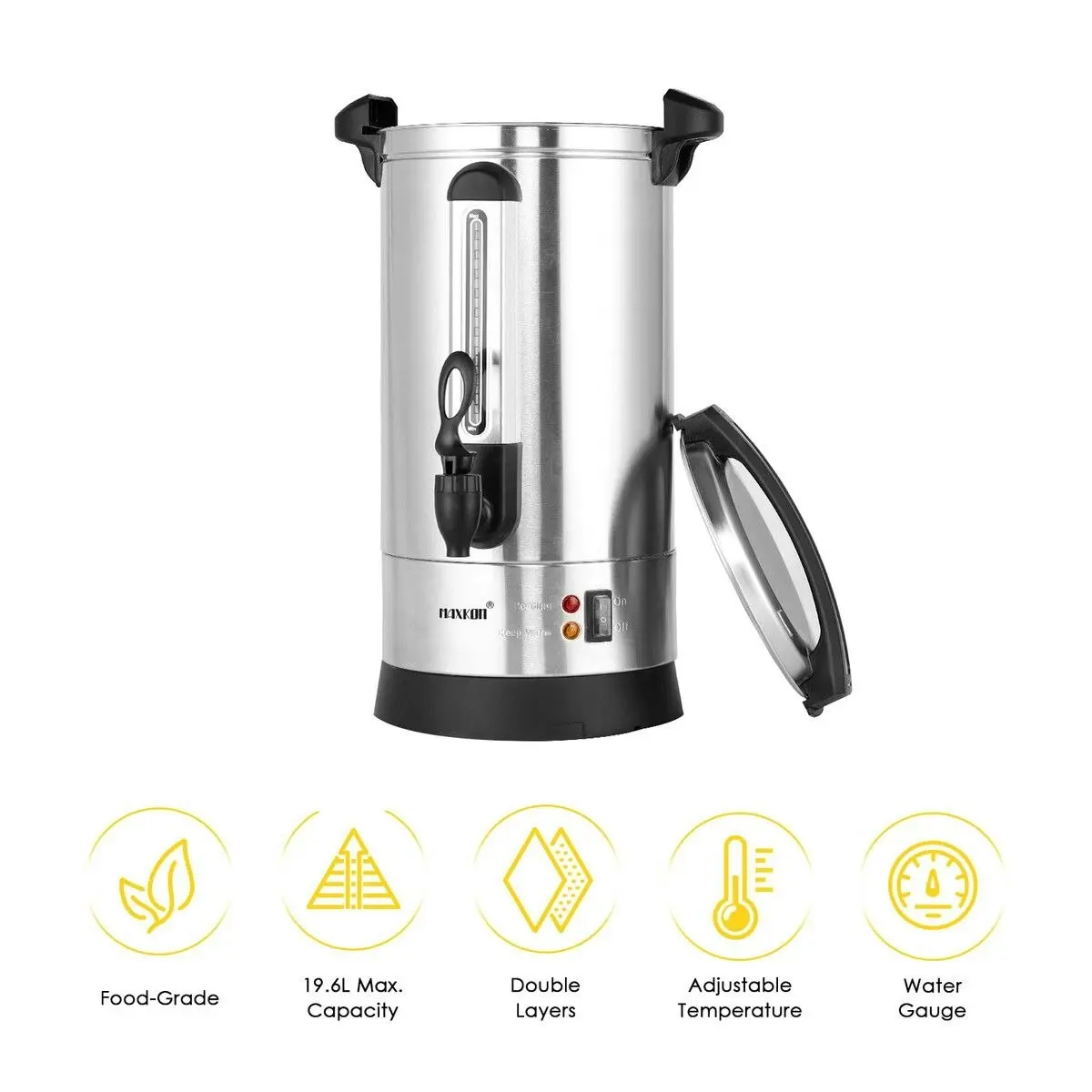 Maxkon  Coffee Urn Maker Machine Instant Hot Cold Water Dispenser Kettle Tea Home Commercial Camping Boiler Stainless Steel with Tap 19.6L