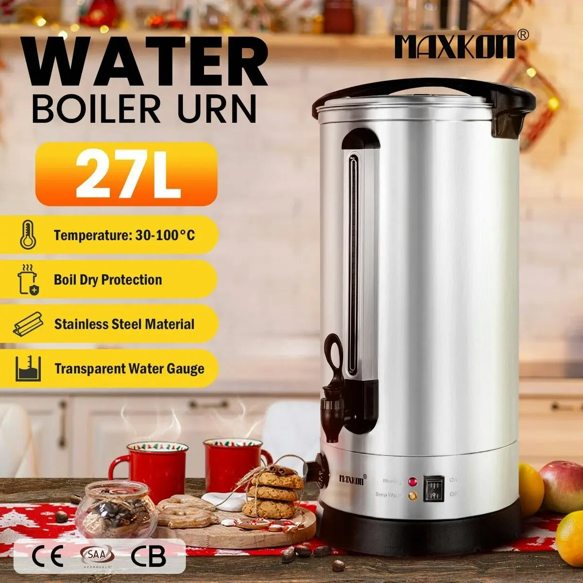 Maxkon  27L Water Dispenser Urn Instant Hot Cold Coffee Maker Tea Kettle Machine Commercial Home Stainless Steel with Tap