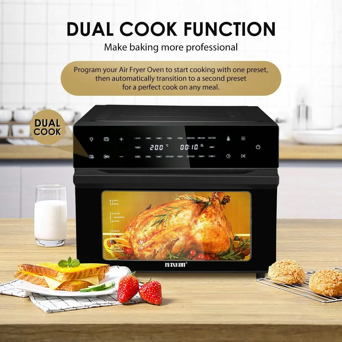 Maxkon  Air Fryer Large Convection Oven Electric Digital Toaster Big Air Cooker Oil Free 1800W 30L Dual Cook Function Black