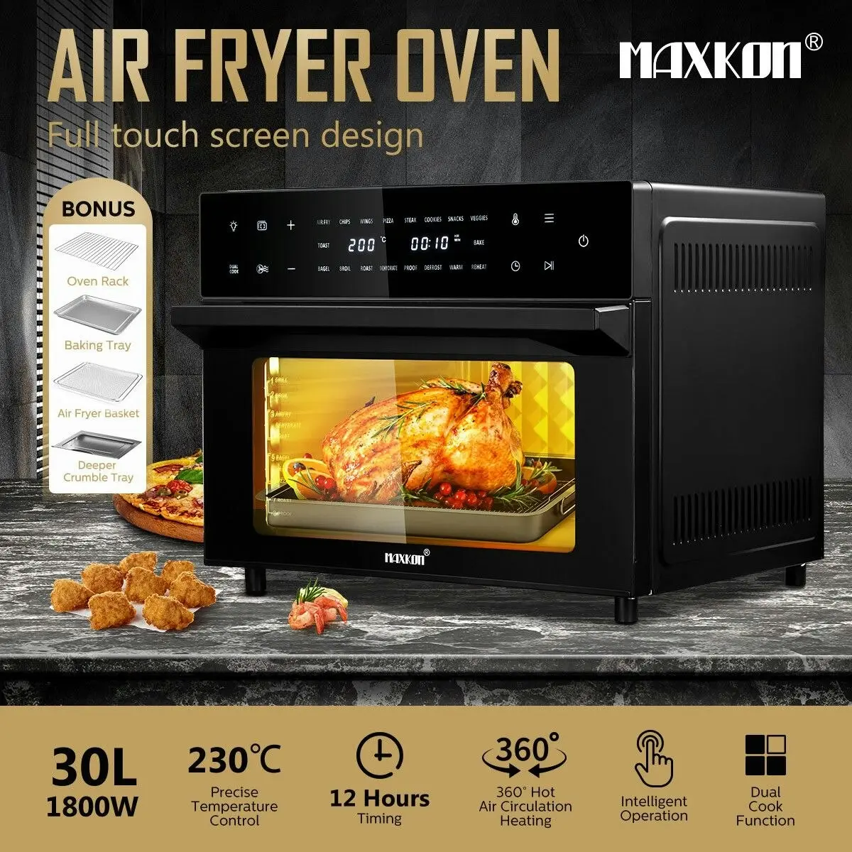 Maxkon  Air Fryer Large Convection Oven Electric Digital Toaster Big Air Cooker Oil Free 1800W 30L Dual Cook Function Black