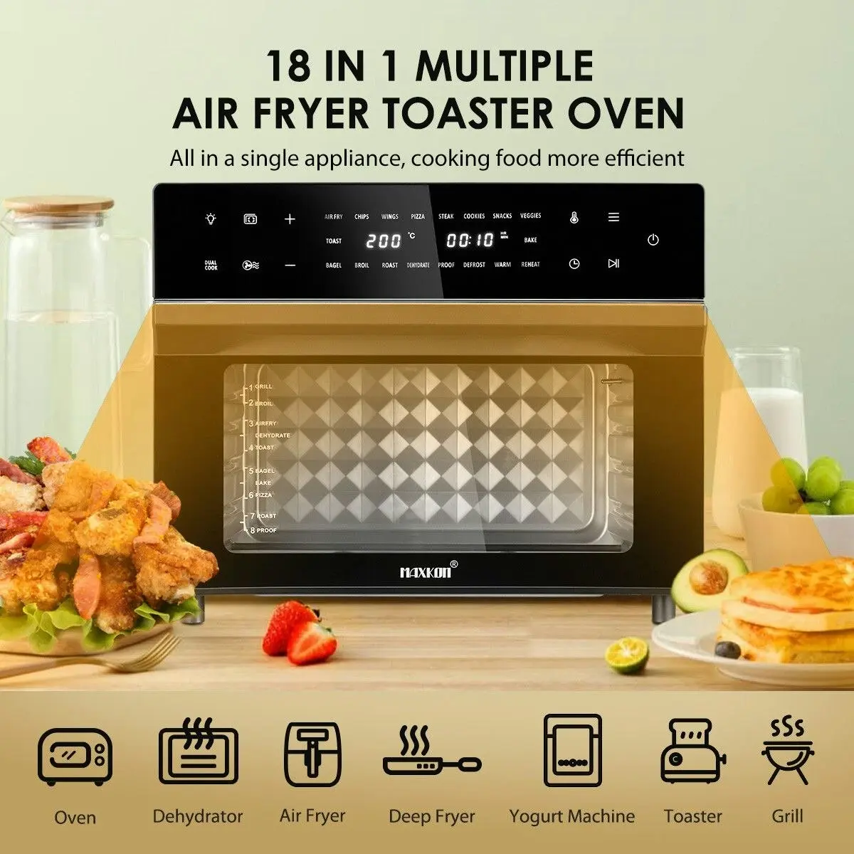 Maxkon  Air Fryer Large Convection Oven Electric Digital Toaster Big Air Cooker Oil Free 1800W 30L Dual Cook Function Black