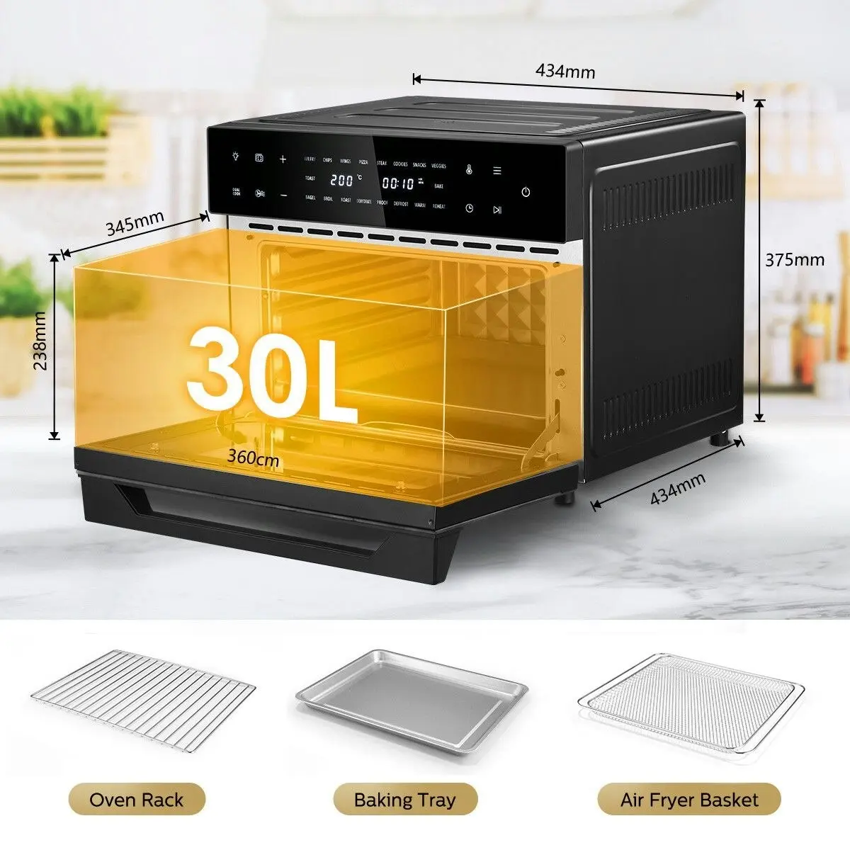 Maxkon  Air Fryer Large Convection Oven Electric Digital Toaster Big Air Cooker Oil Free 1800W 30L Dual Cook Function Black