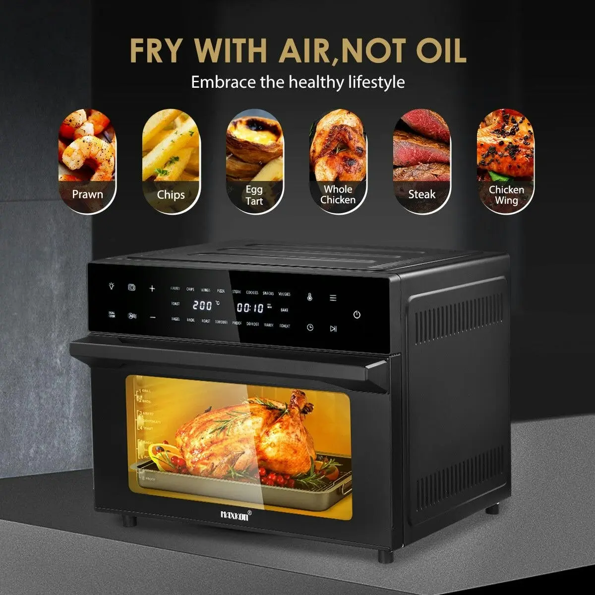 Maxkon  Air Fryer Large Convection Oven Electric Digital Toaster Big Air Cooker Oil Free 1800W 30L Dual Cook Function Black