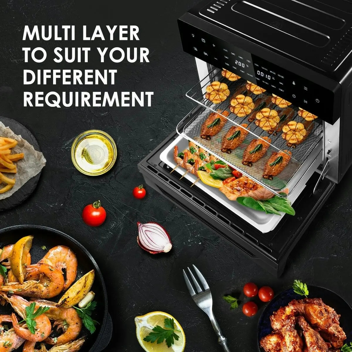 Maxkon  Air Fryer Large Convection Oven Electric Digital Toaster Big Air Cooker Oil Free 1800W 30L Dual Cook Function Black